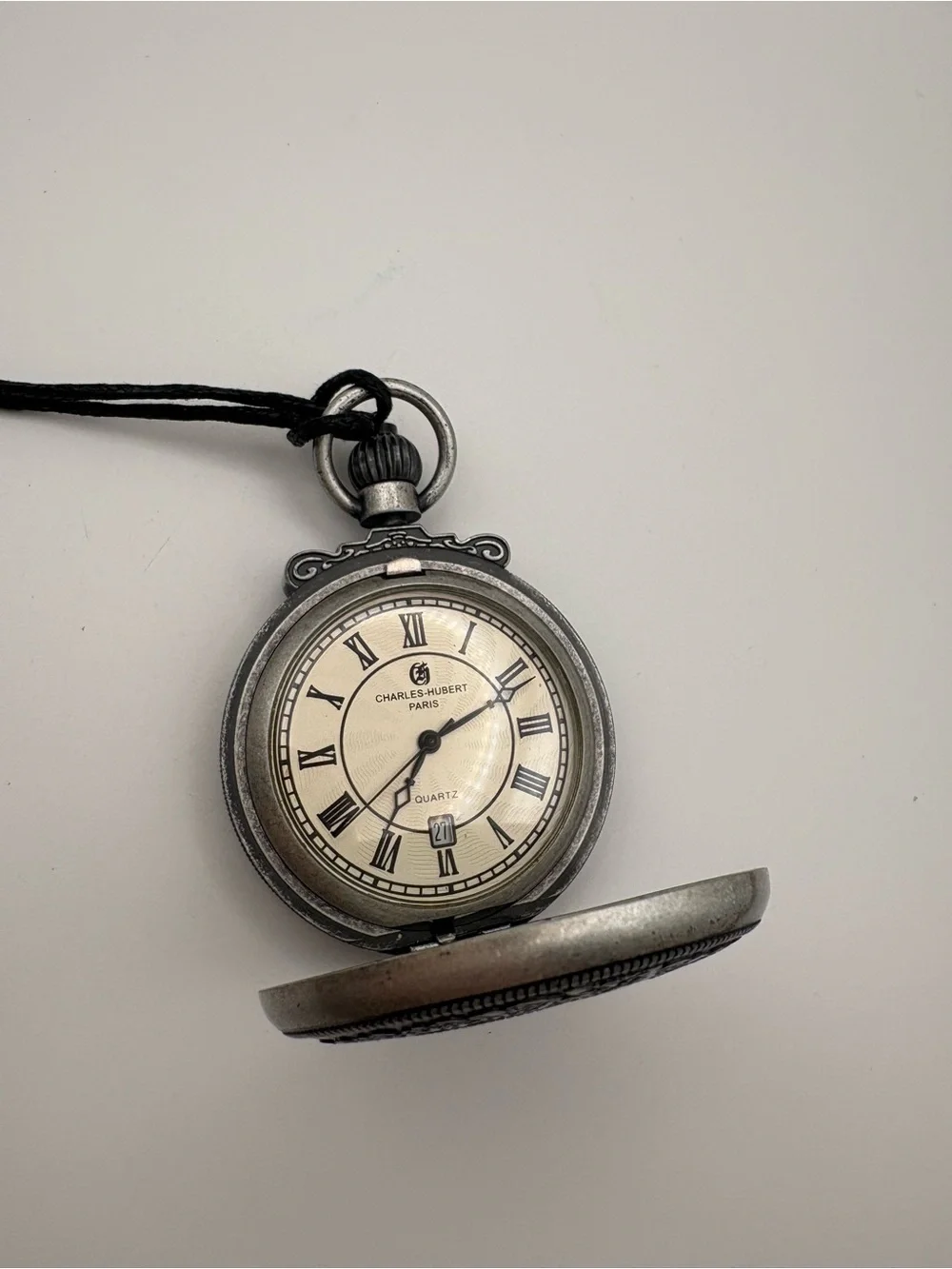 New in Box Charles-Hubert Paris Antiqued Chrome Finish Steam Engine Pocket Watch